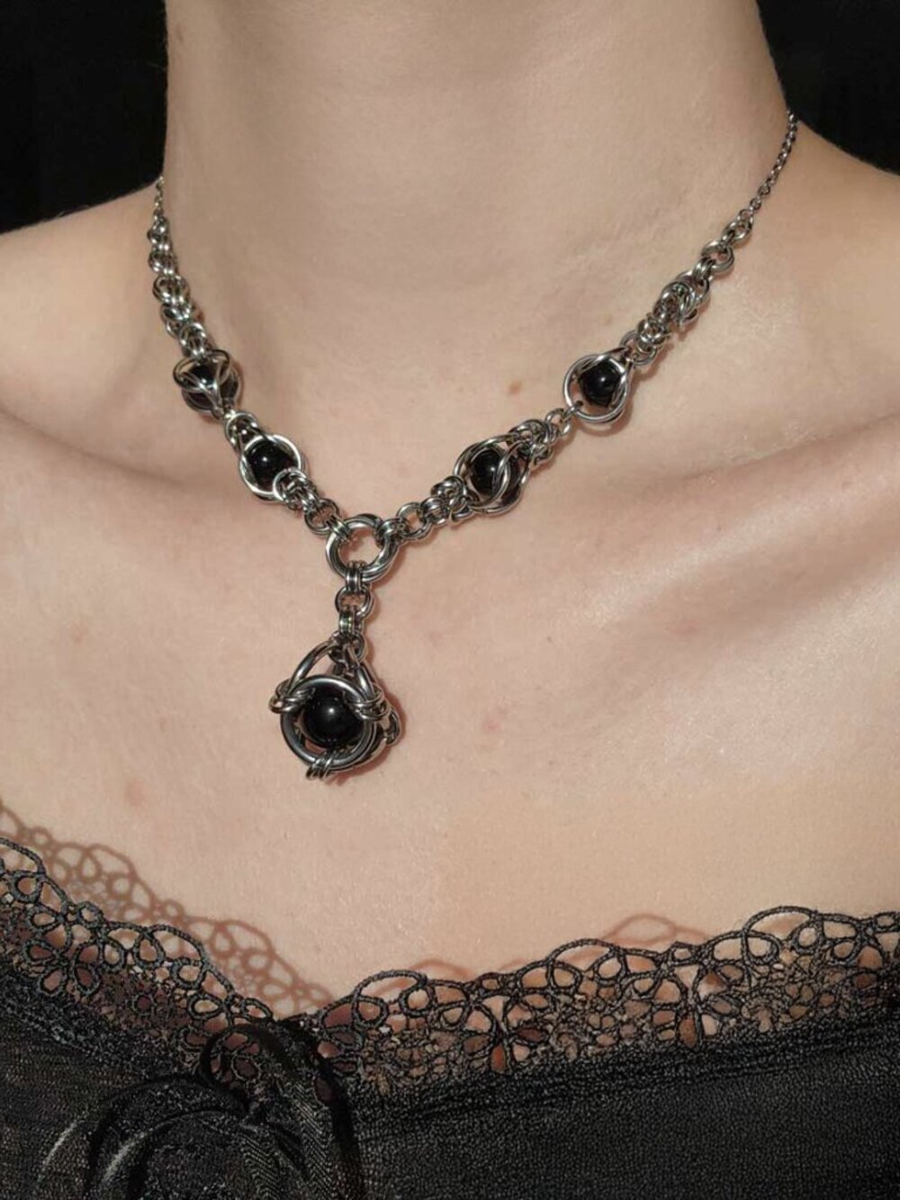 Gothic black onyx and silver necklace